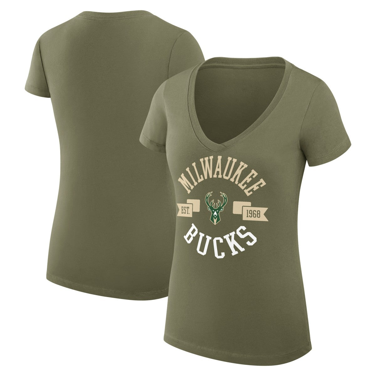 Olive Milwaukee Bucks G-III 4Her by Carl Banks Women's Super-Slim Fit Lightweight Large City Logo V-Neck T-Shirt | NBA
