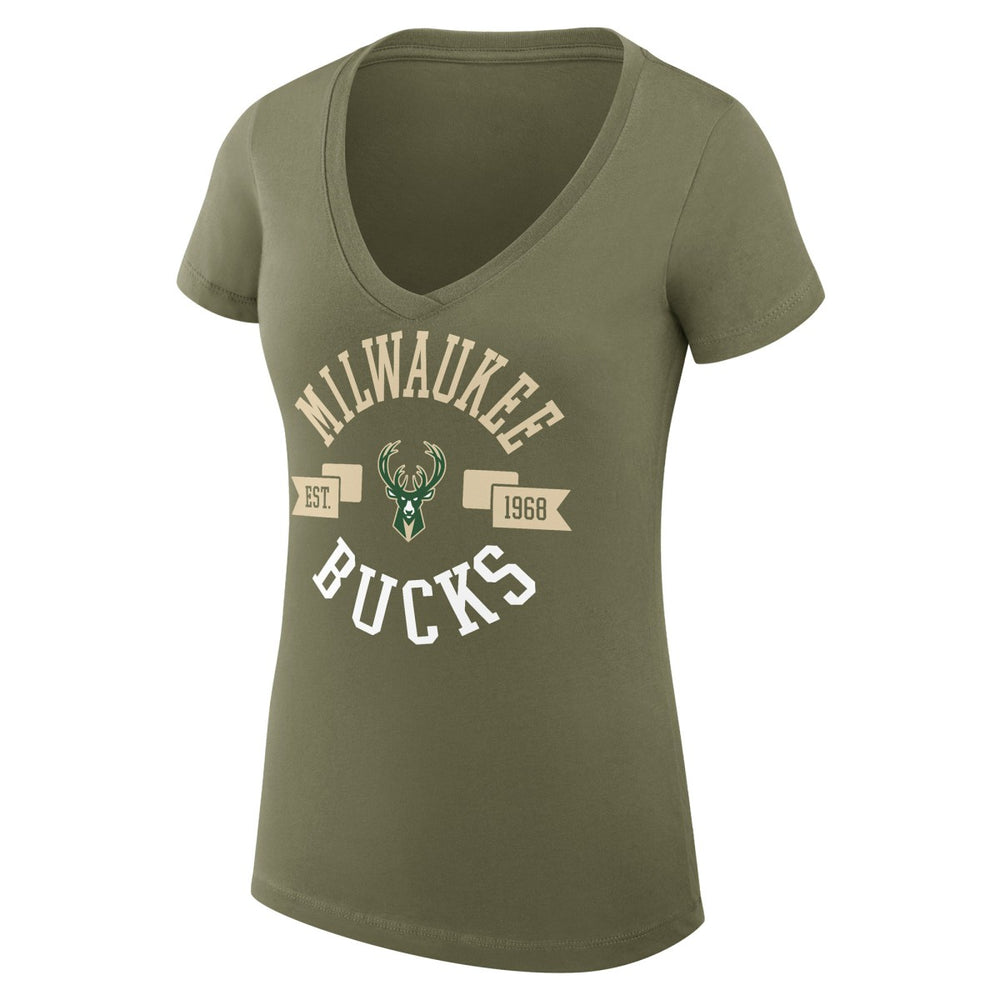 Olive Milwaukee Bucks G-III 4Her by Carl Banks Women's Super-Slim Fit Lightweight Large City Logo V-Neck T-Shirt | NBA