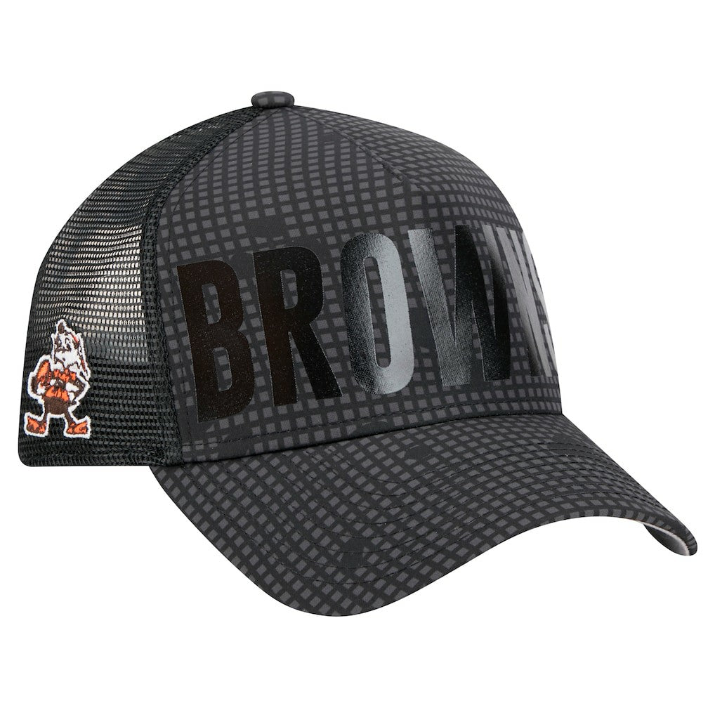 Cleveland Browns Throwback Midnight Ink Tonal Text A-Frame Trucker 9FORTY Adjustable Hat | NFL Near me