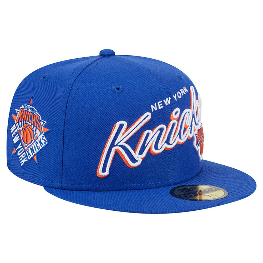 Blue New York Knicks Sport Night Script Sided 59FIFTY Fitted Hat | NBA