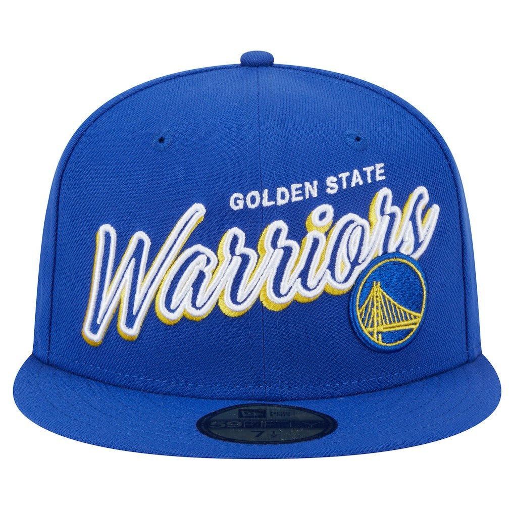 Royal Golden State Warriors Sport Night Script Sided 59FIFTY Fitted Hat sale | NBA