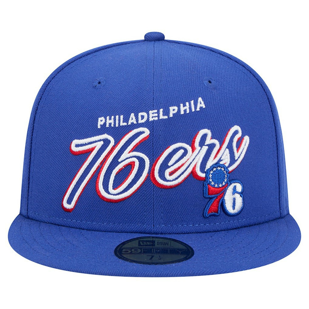 Royal Philadelphia 76ers Sport Night Script Sided 59FIFTY Fitted Hat | NBA