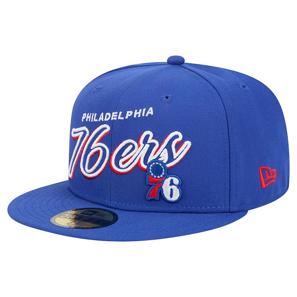 Royal Philadelphia 76ers Sport Night Script Sided 59FIFTY Fitted Hat | NBA