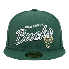 Hunter Green Milwaukee Bucks Sport Night Script Sided 59FIFTY Fitted Hat | NBA