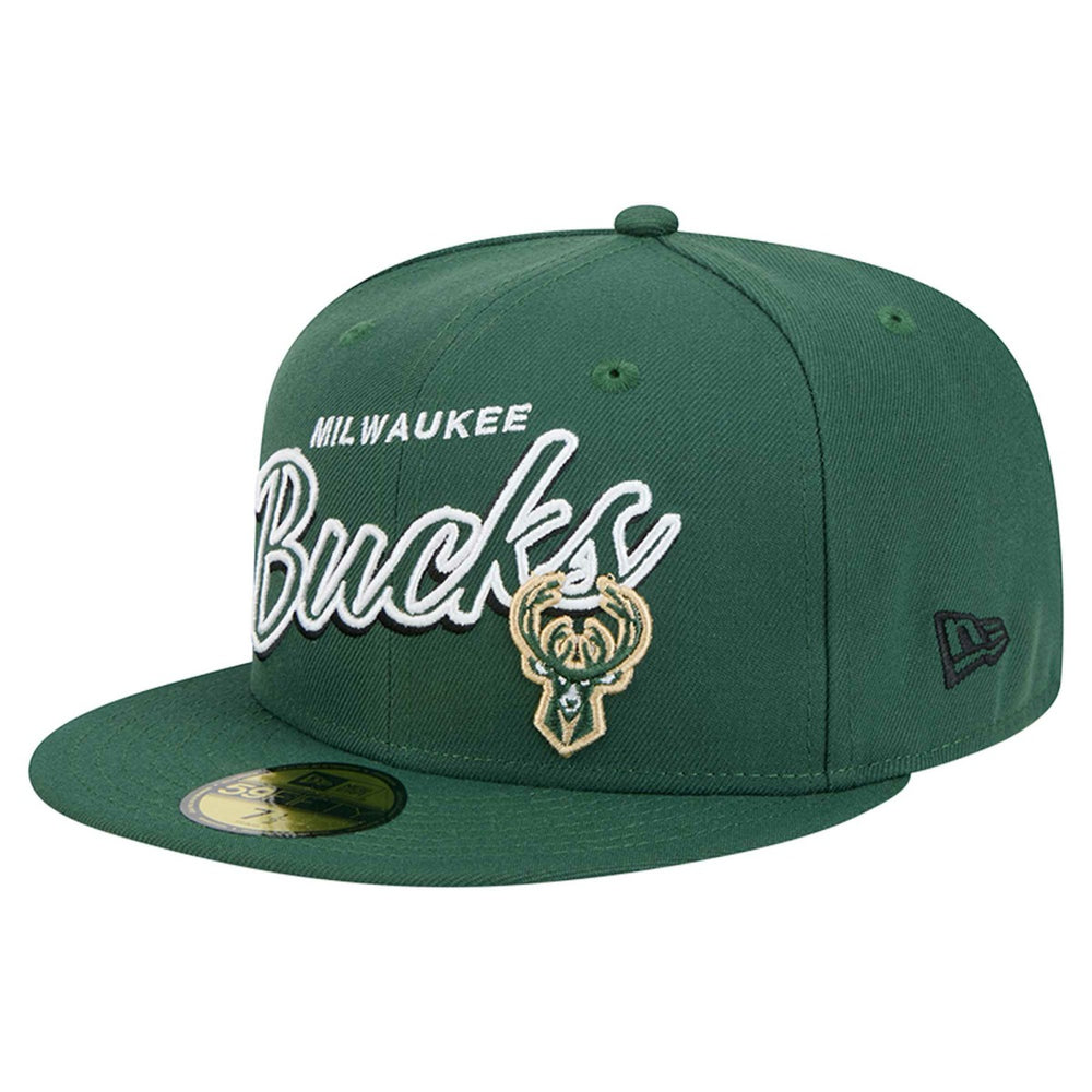 Hunter Green Milwaukee Bucks Sport Night Script Sided 59FIFTY Fitted Hat | NBA