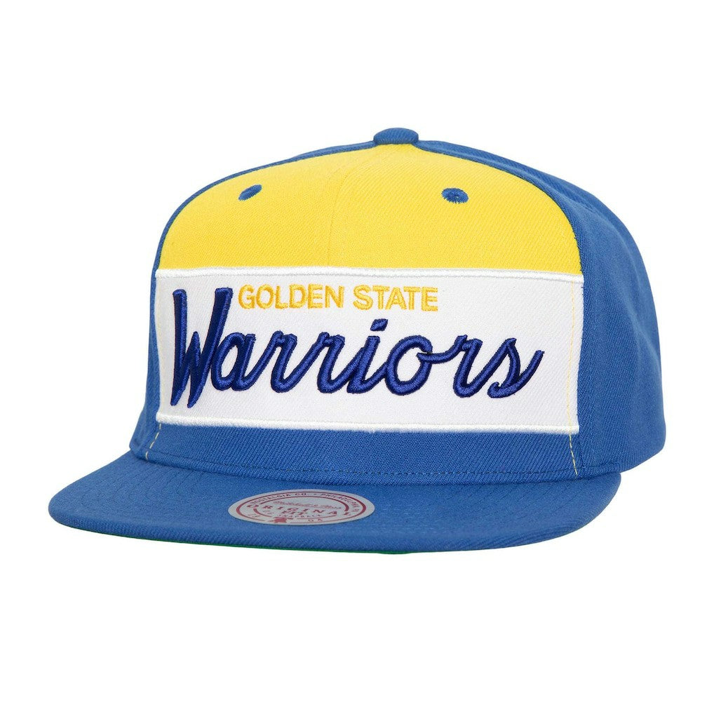 White/Royal Golden State Warriors Retro Sport Color Block Script Snapback Hat sale | NBA