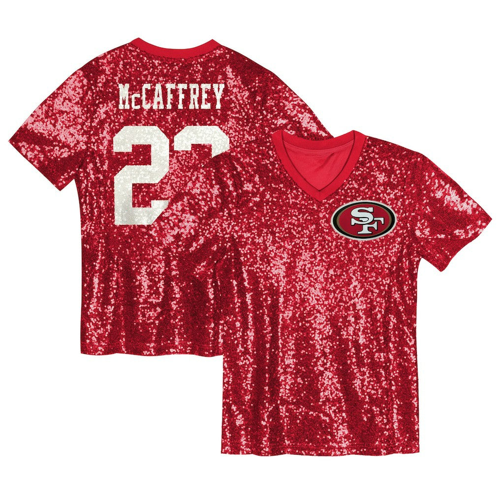 San Francisco 49ers Christian McCaffrey  Girls Youth Sequin V-Neck Fashion Jersey | NFL Outlet
