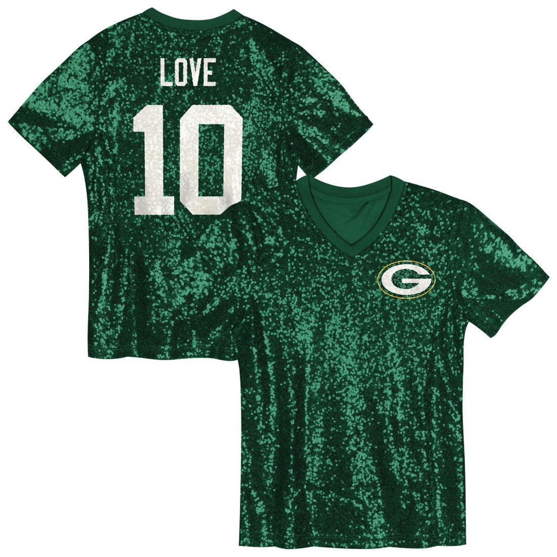 Green Bay Packers Jordan Love  Girls Youth Sequin V-Neck Fashion Jersey | NFL New