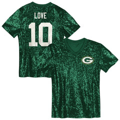 Green Bay Packers Jordan Love  Girls Youth Sequin V-Neck Fashion Jersey | NFL New