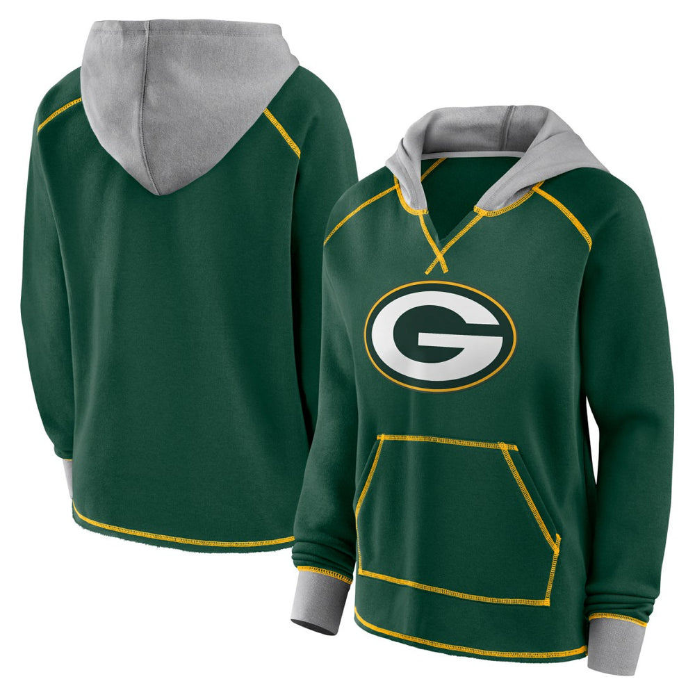 Green Bay Packers Logo Athletic Women's Boom Fleece Pullover V-Neck Hoodie | NFL US