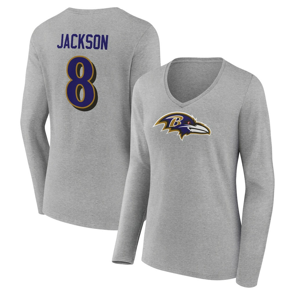Baltimore Ravens Lamar Jackson  Women's Icon Player Name & Number Long Sleeve V-Neck T-Shirt | NFL On sale