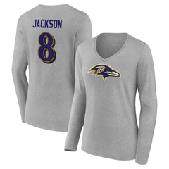 Baltimore Ravens Lamar Jackson  Women's Icon Player Name & Number Long Sleeve V-Neck T-Shirt | NFL On sale