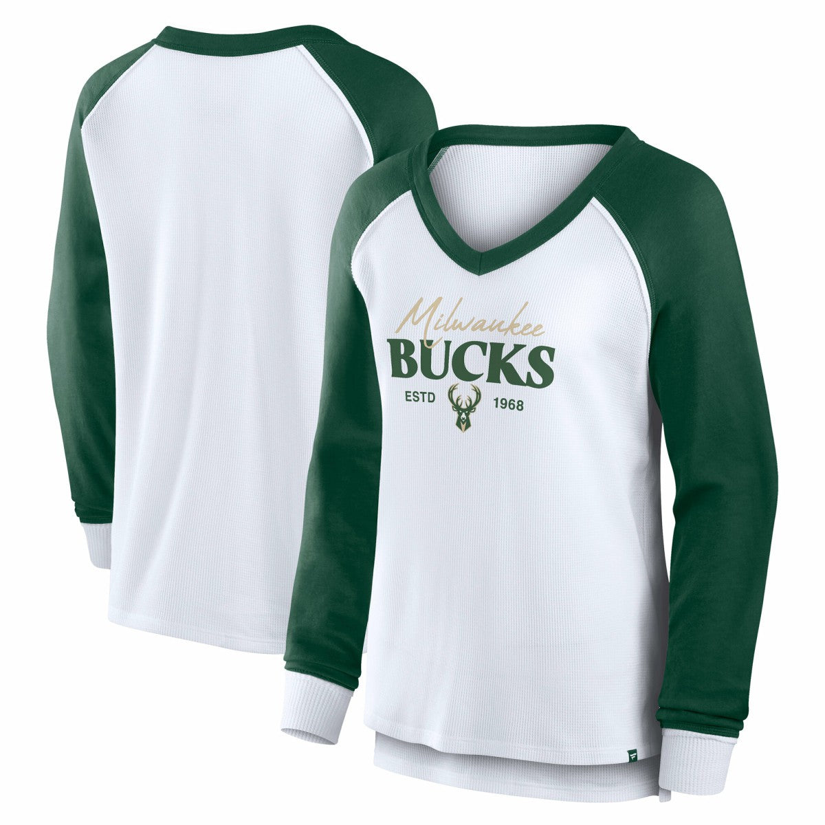White Milwaukee Bucks Women's Open Lane Waffle Long Sleeve V-Neck T-Shirt | NBA