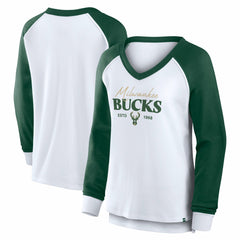 White Milwaukee Bucks Women's Open Lane Waffle Long Sleeve V-Neck T-Shirt | NBA