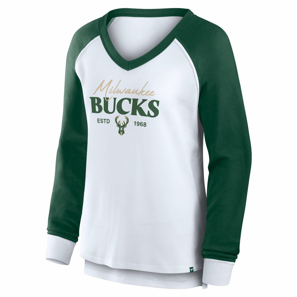 White Milwaukee Bucks Women's Open Lane Waffle Long Sleeve V-Neck T-Shirt | NBA