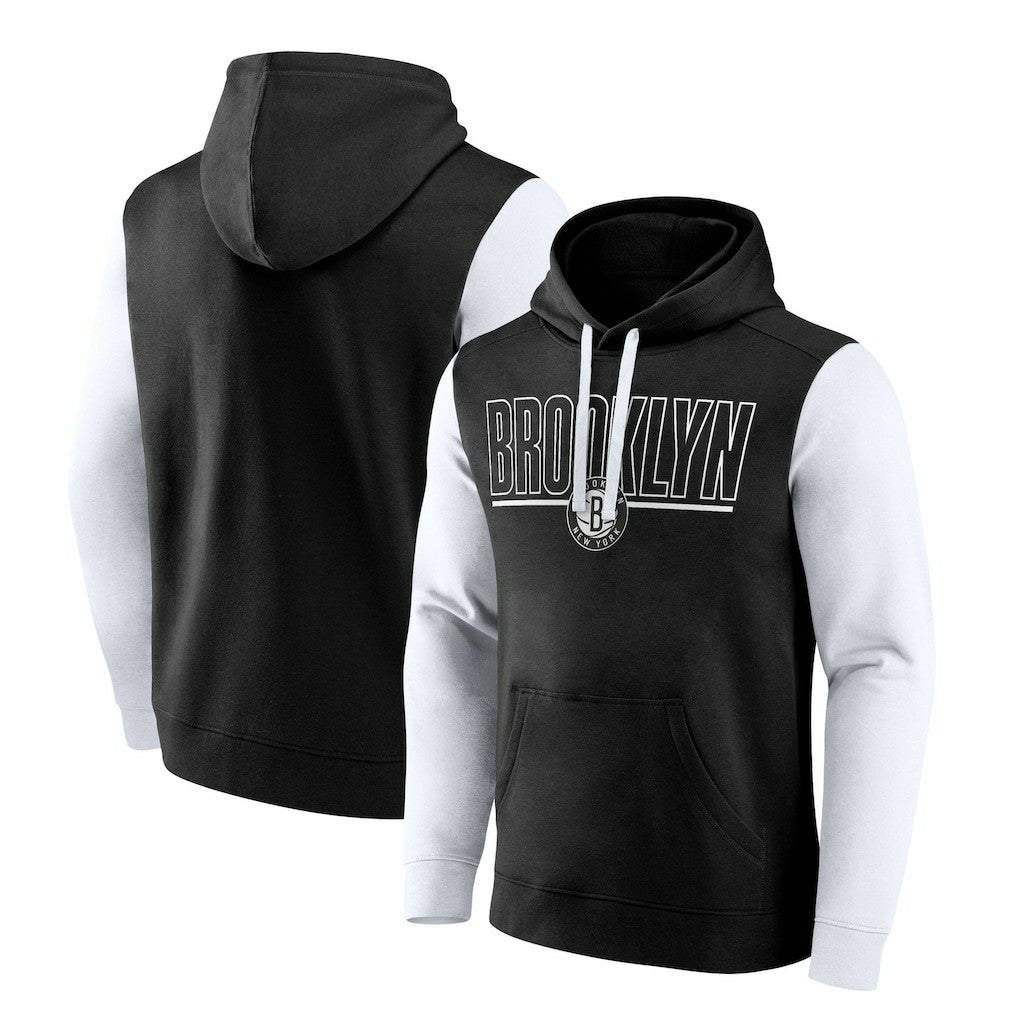 Black Brooklyn Nets Logo Athletic Outline Colorblock Pullover Hoodie | NBA