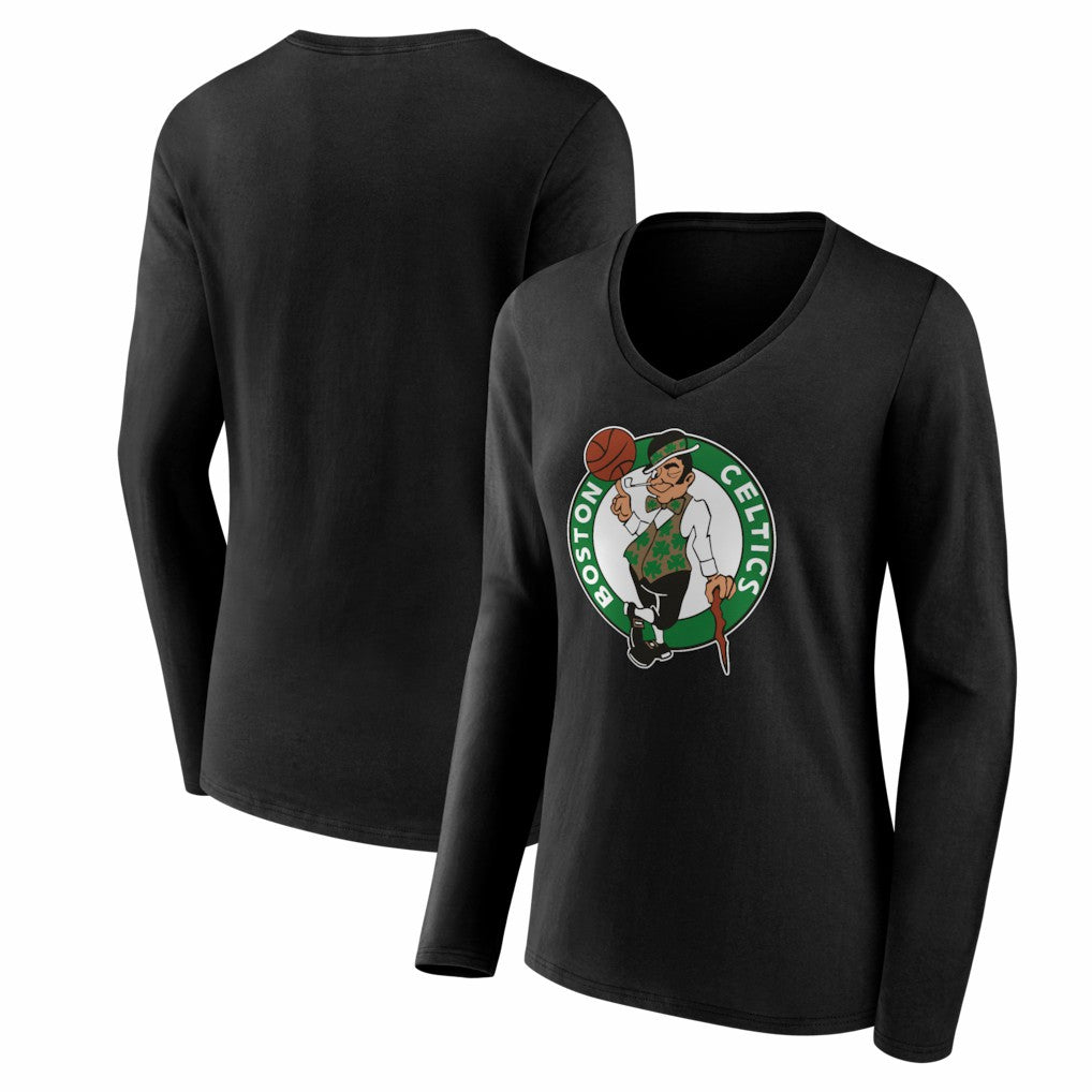 Black Boston Celtics Women's Primary Logo Long Sleeve V-Neck T-Shirt | NBA