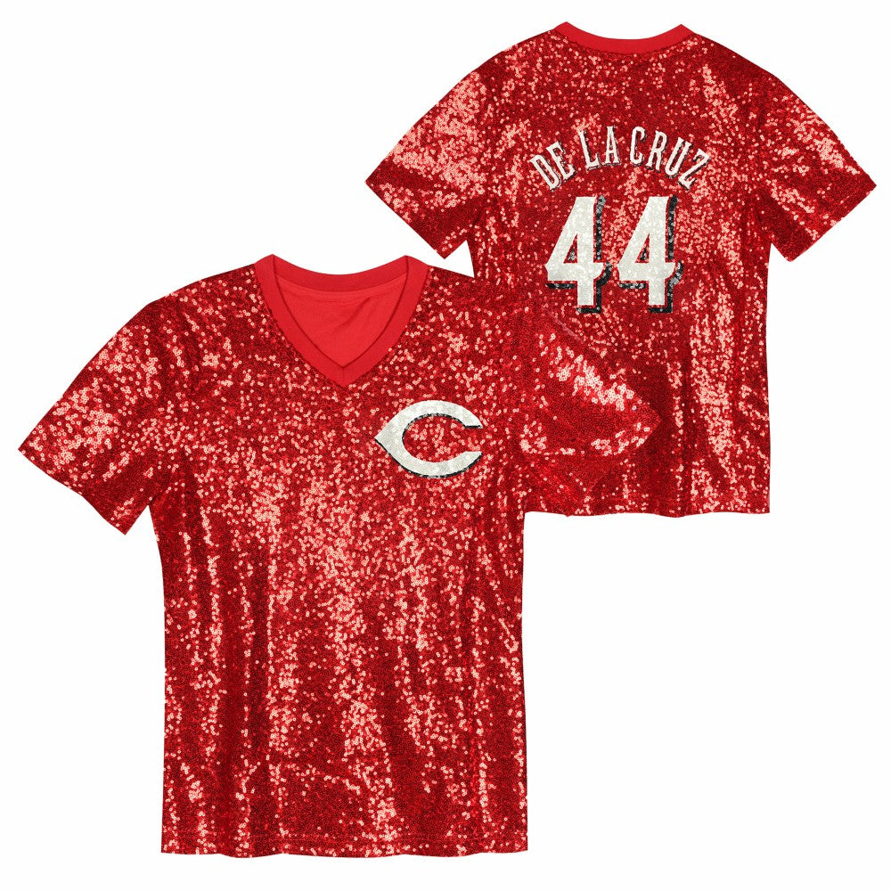 Elly De La Cruz Cincinnati Reds Juniors Name & Number Sequin V-Neck Top - MLB Tops
