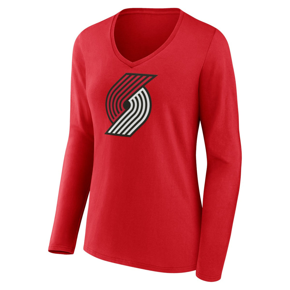 Red Portland Trail Blazers Women's Primary Logo Long Sleeve V-Neck T-Shirt | NBA