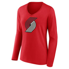 Red Portland Trail Blazers Women's Primary Logo Long Sleeve V-Neck T-Shirt | NBA