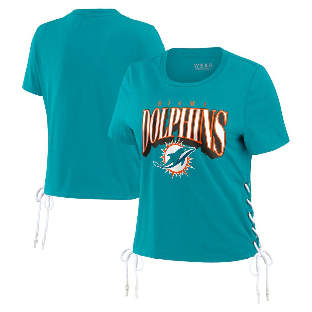 Miami Dolphins WEAR by Erin Andrews Women's Lace Up Side Modest Cropped T-Shirt | NFL Discount