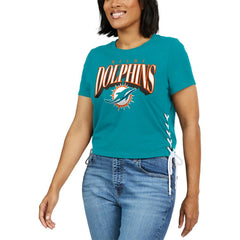 Miami Dolphins WEAR by Erin Andrews Women's Lace Up Side Modest Cropped T-Shirt | NFL Discount