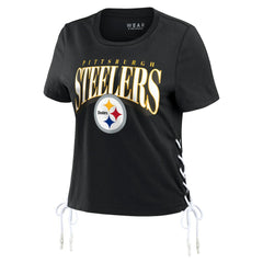 Pittsburgh Steelers WEAR by Erin Andrews Women's Lace Up Side Modest Cropped T-Shirt | NFL Discount