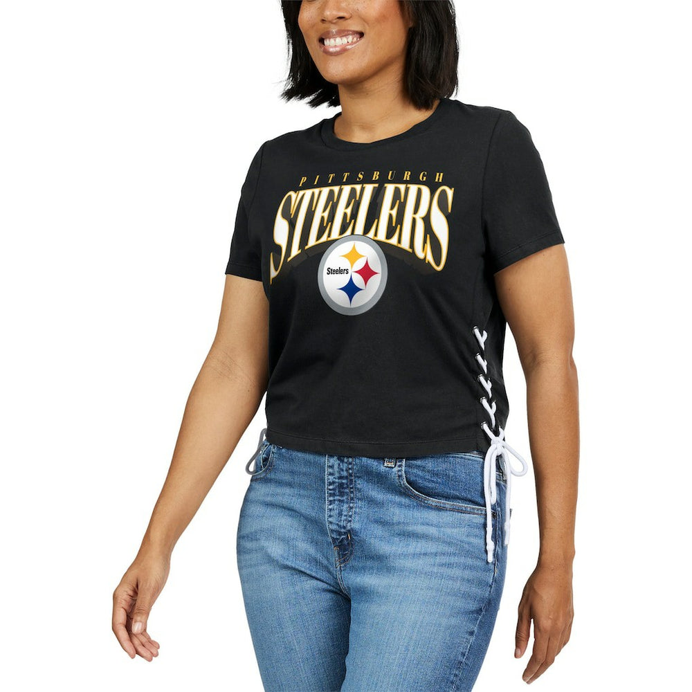 Pittsburgh Steelers WEAR by Erin Andrews Women's Lace Up Side Modest Cropped T-Shirt | NFL Discount