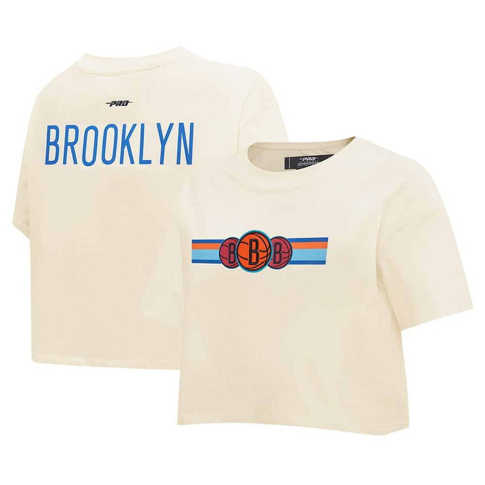Cream Brooklyn Nets Pro Standard Women's Retro Striper SJ Cropped Boxy T-Shirt | NBA