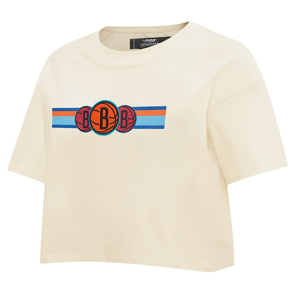 Cream Brooklyn Nets Pro Standard Women's Retro Striper SJ Cropped Boxy T-Shirt | NBA