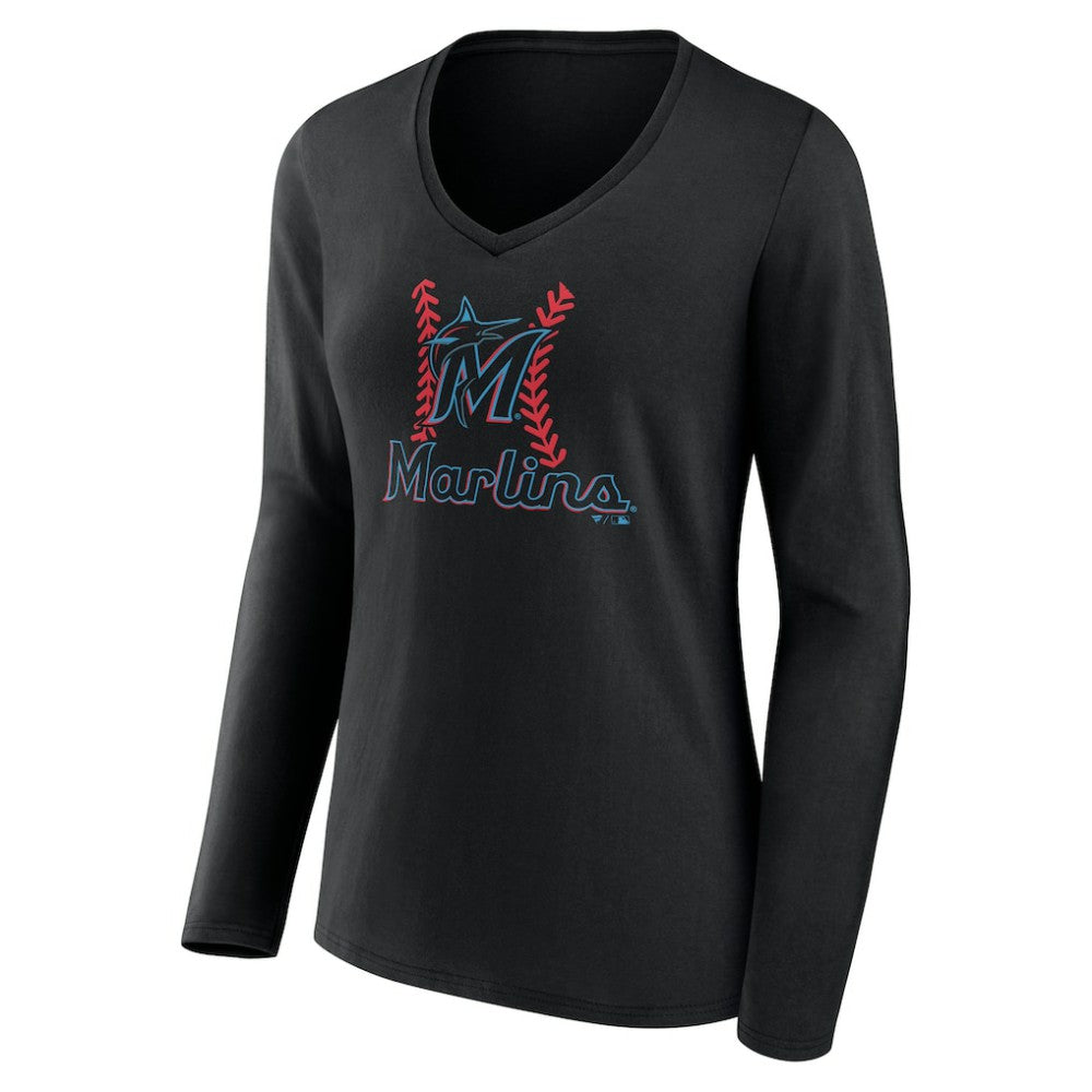 Miami Marlins Women's Personalized Name & Number Fastball Long Sleeve V-Neck T-Shirt - MLB T-shirts