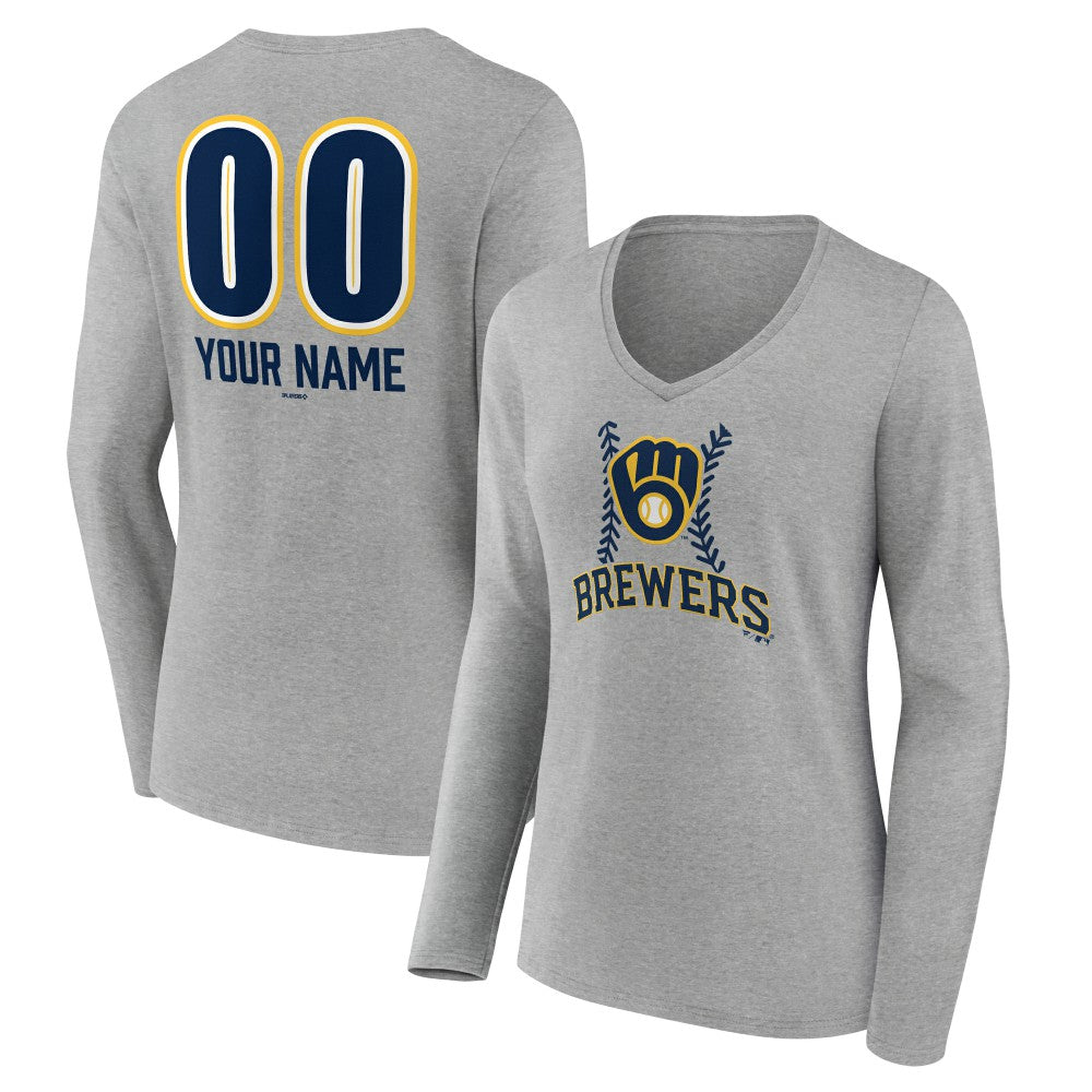 Milwaukee Brewers Women's Personalized Name & Number Fastball Long Sleeve V-Neck T-Shirt - MLB T-shirts