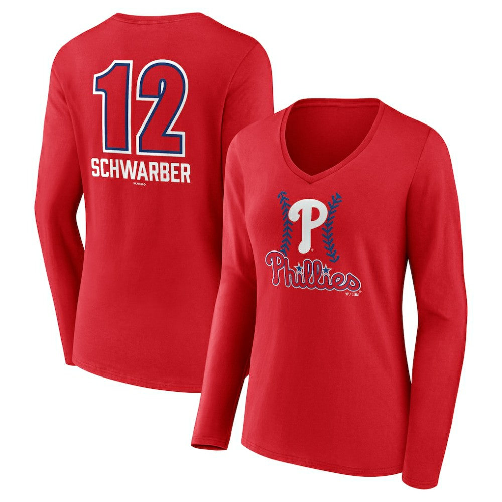 Kyle Schwarber Philadelphia Phillies Women's Fastball Player Name & Number Long Sleeve V-Neck T-Shirt - MLB T-shirts