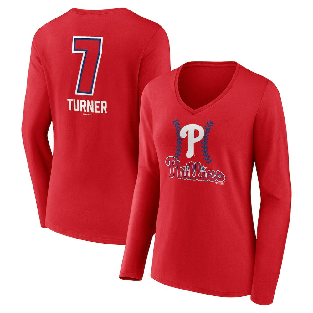 Trea Turner Philadelphia Phillies Women's Fastball Player Name & Number Long Sleeve V-Neck T-Shirt - MLB T-shirts