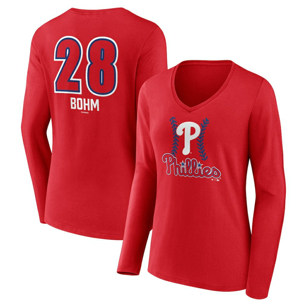 Alec Bohm Philadelphia Phillies Women's Fastball Player Name & Number Long Sleeve V-Neck T-Shirt - MLB T-shirts