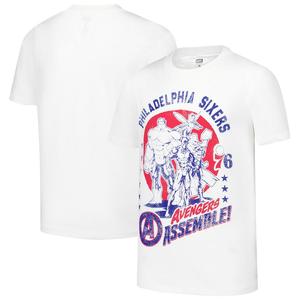 White Philadelphia 76ers Youth NBA x Marvel Avengers Squad T-Shirt | NBA