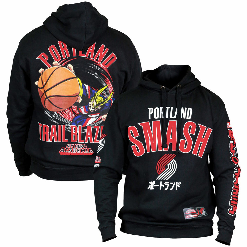 Black Portland Trail Blazers Hyperfly Unisex NBA x My Hero Academia All Might Smash Pullover Hoodie | NBA