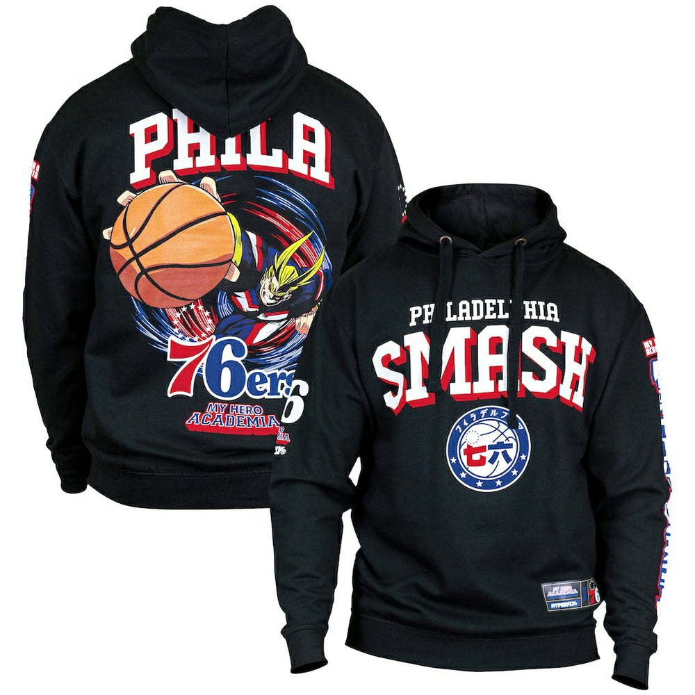 Black Philadelphia 76ers Hyperfly Unisex NBA x My Hero Academia All Might Smash Pullover Hoodie | NBA