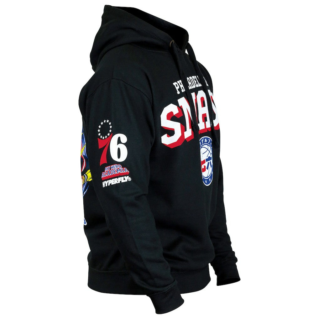 Black Philadelphia 76ers Hyperfly Unisex NBA x My Hero Academia All Might Smash Pullover Hoodie | NBA