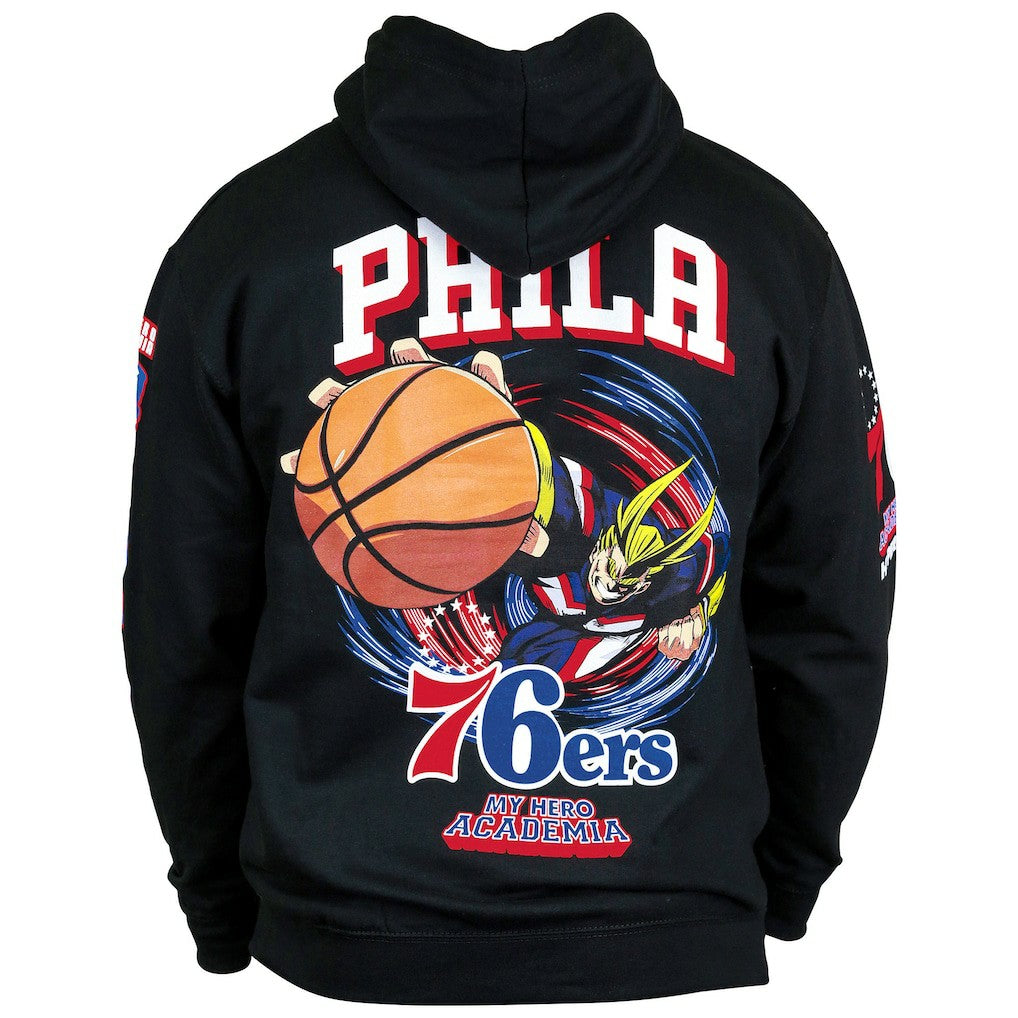 Black Philadelphia 76ers Hyperfly Unisex NBA x My Hero Academia All Might Smash Pullover Hoodie | NBA