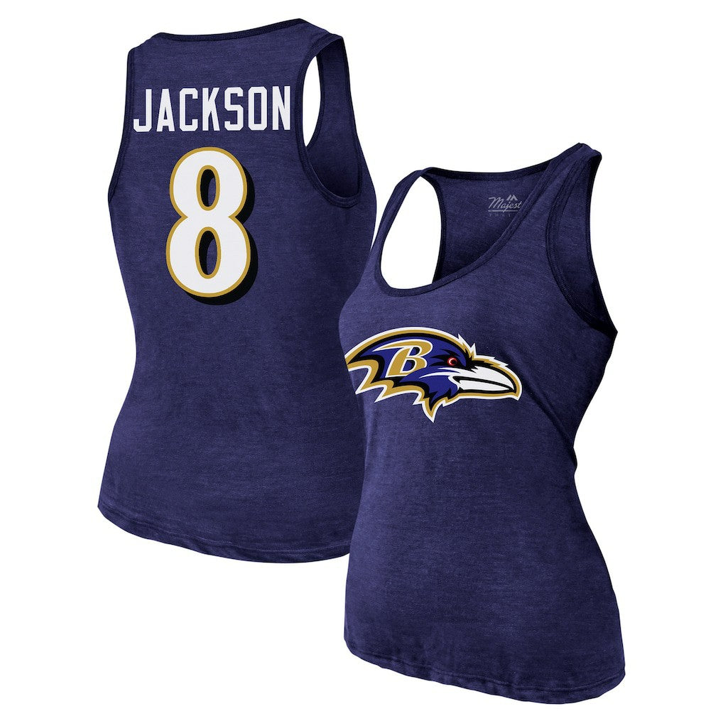 Baltimore Ravens Lamar Jackson  Majestic Threads Women's Name & Number Tri-Blend Tank Top | NFL New