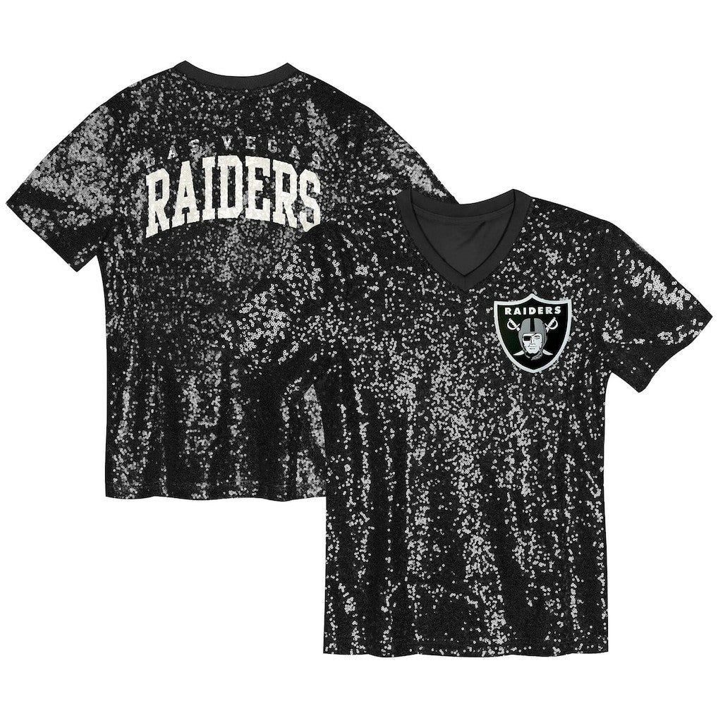 Las Vegas Raiders Girls Youth Wordmark Sequin V-Neck Top | NFL Hot