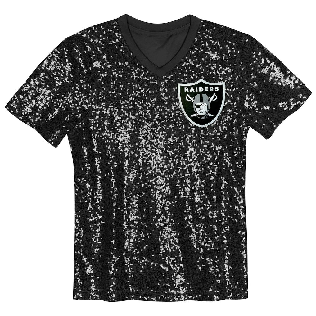 Las Vegas Raiders Girls Youth Wordmark Sequin V-Neck Top | NFL Hot