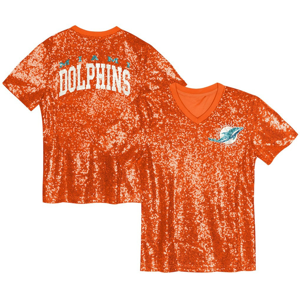 Miami Dolphins Girls Youth Wordmark Sequin V-Neck Top | NFL Hot