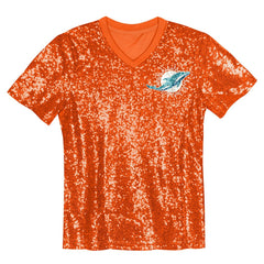 Miami Dolphins Girls Youth Wordmark Sequin V-Neck Top | NFL Hot