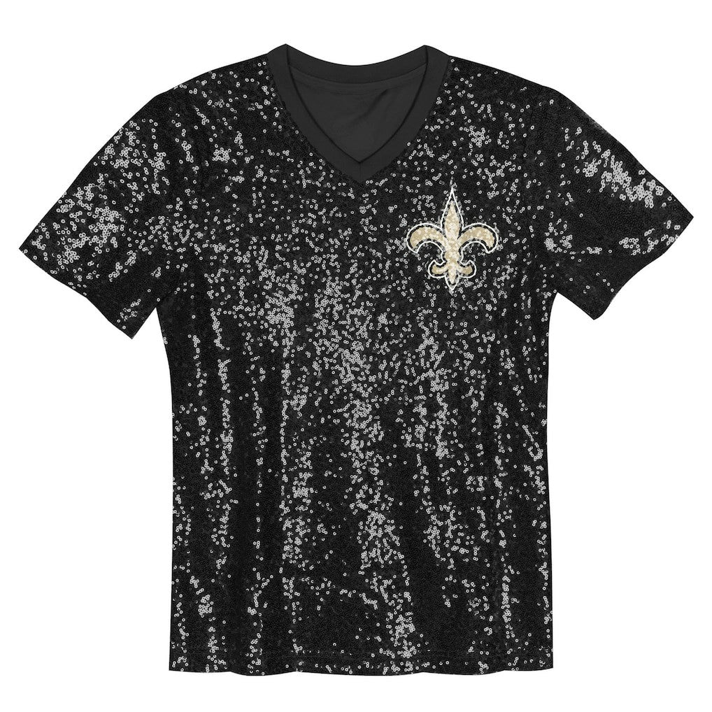New Orleans Saints Girls Youth Wordmark Sequin V-Neck Top | NFL Online