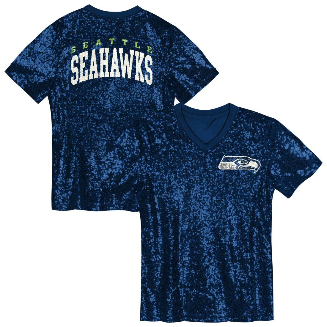 Seattle Seahawks Girls Youth Wordmark Sequin V-Neck Top | NFL US
