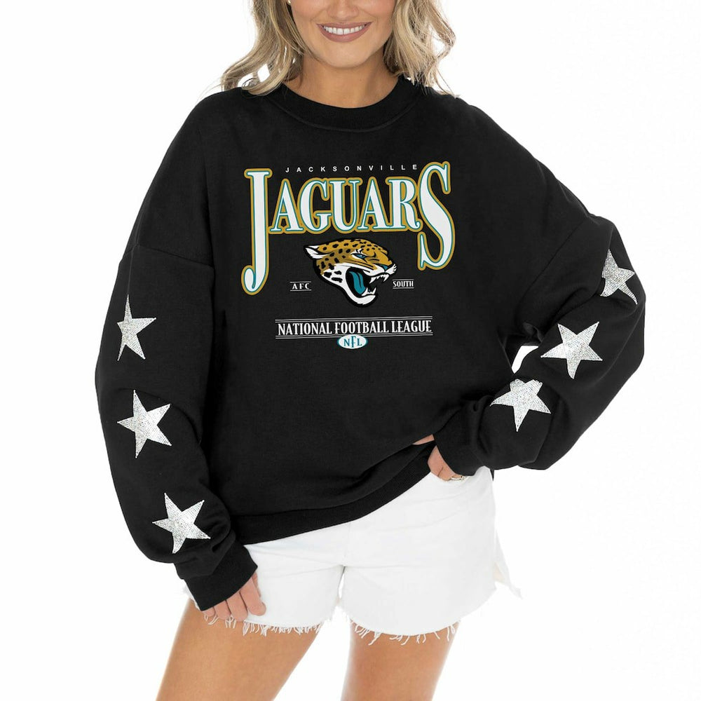 Jacksonville Jaguars Gameday Couture Women's Rhinestone Star Sleeve Settle the Score Oversized Pullover Sweatshirt | NFL US