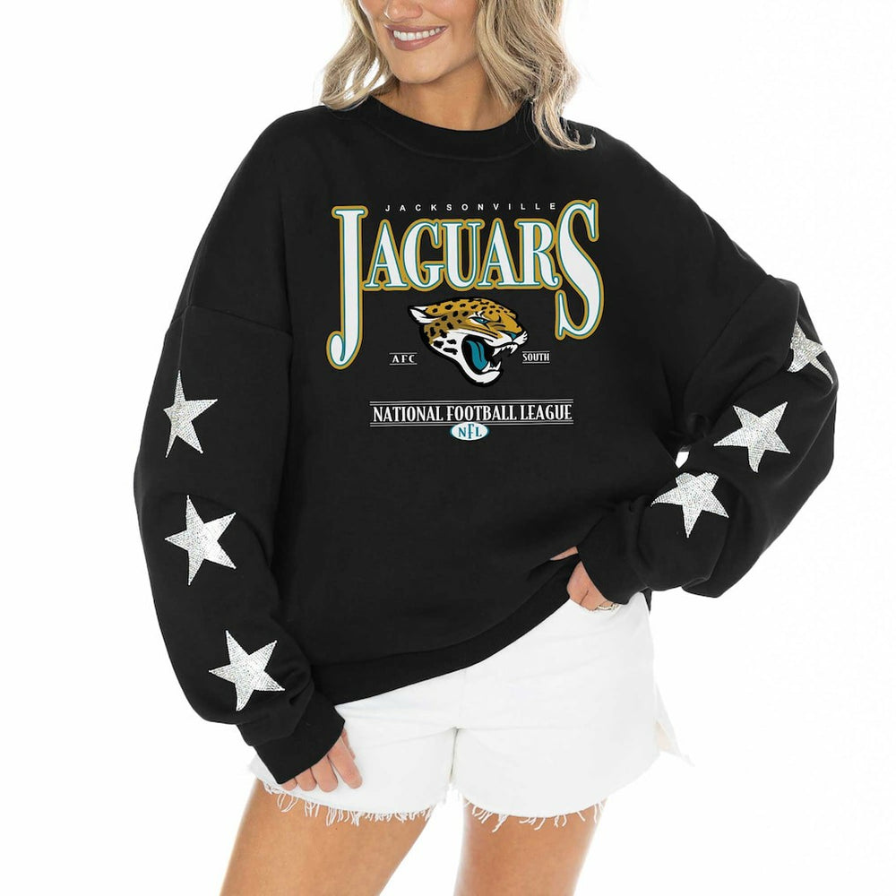 Jacksonville Jaguars Gameday Couture Women's Rhinestone Star Sleeve Settle the Score Oversized Pullover Sweatshirt | NFL US