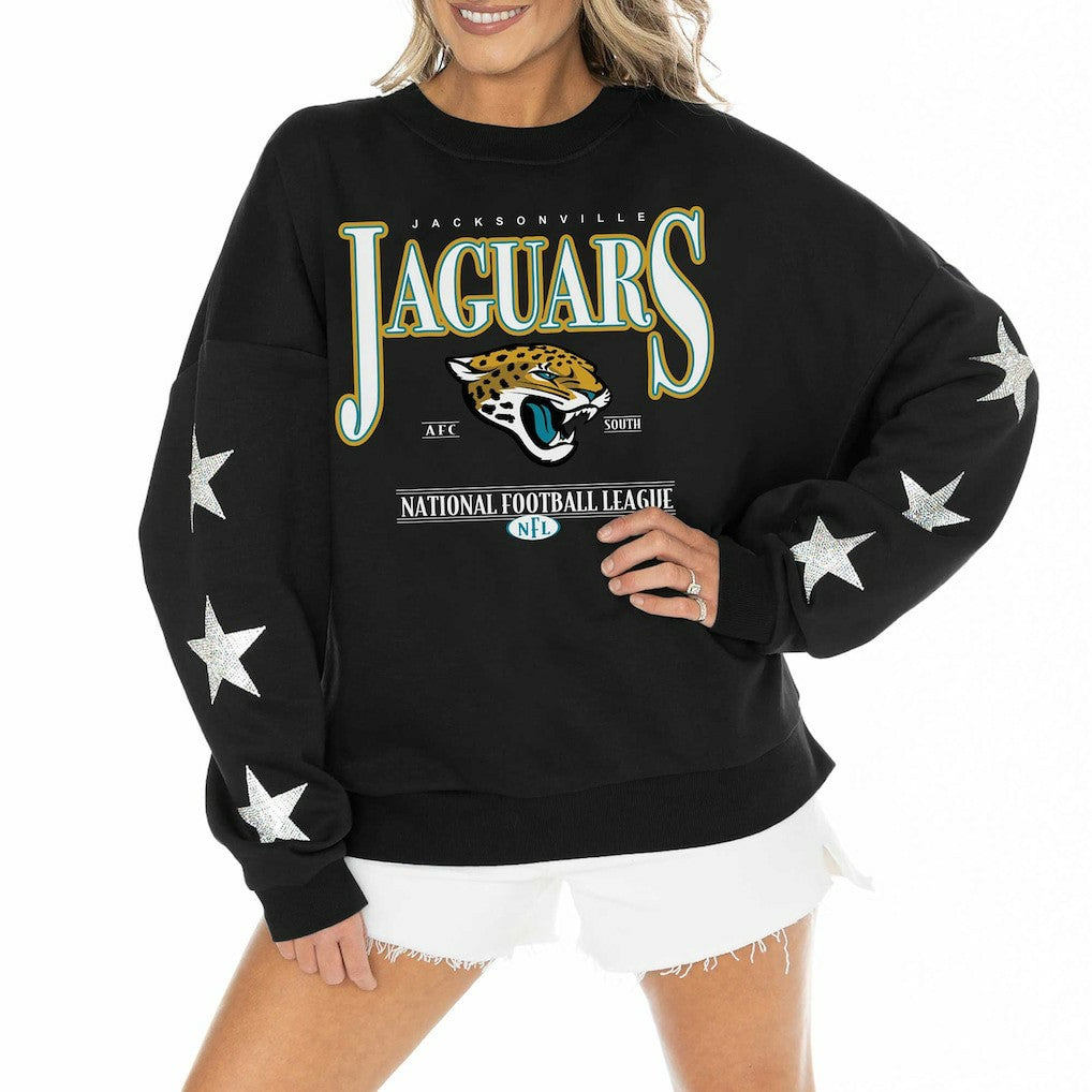 Jacksonville Jaguars Gameday Couture Women's Rhinestone Star Sleeve Settle the Score Oversized Pullover Sweatshirt | NFL US
